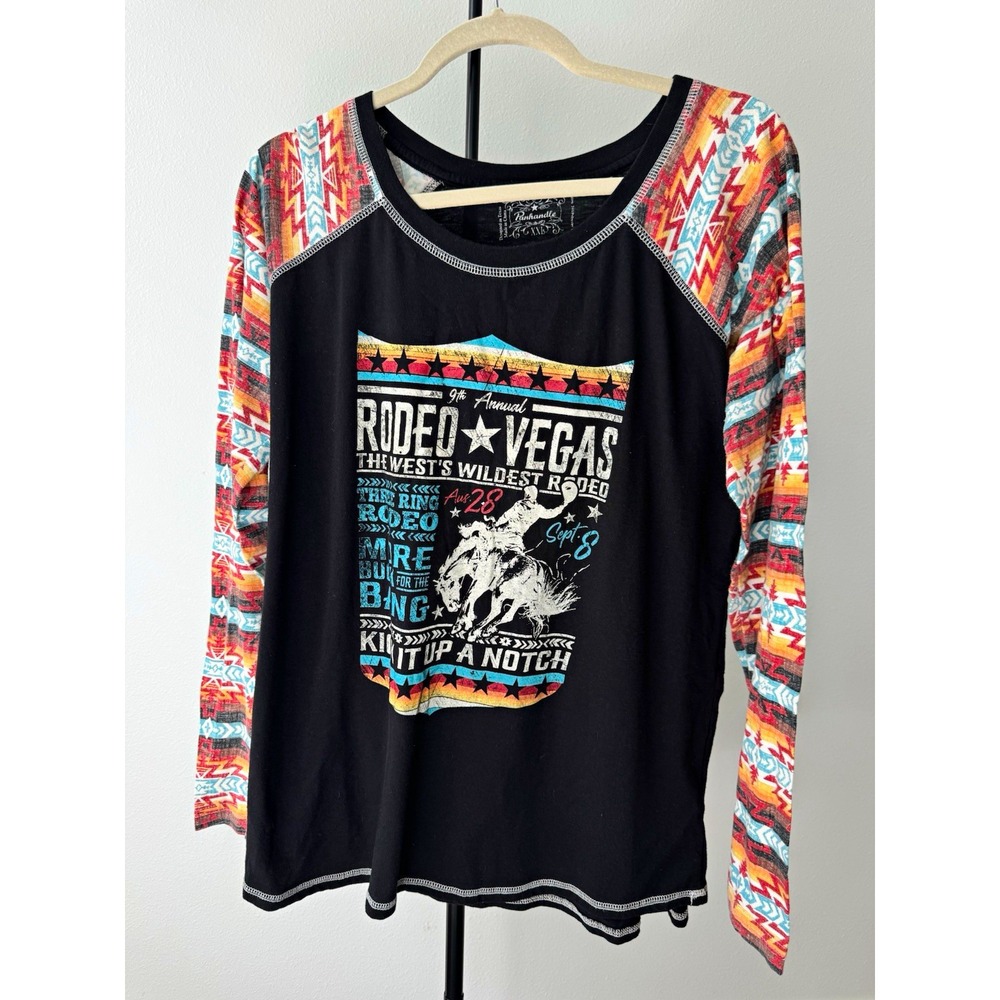 Panhandle Women's XXL Black Multicolor Rodeo Vegas Graphic Raglan LS Tee